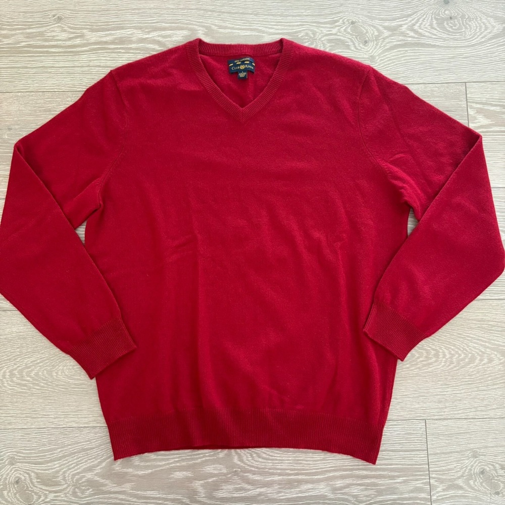 Mens Red Long Sleeve V-Neck Classic 100% 2-ply Cashmere Pullover Sweater Size L